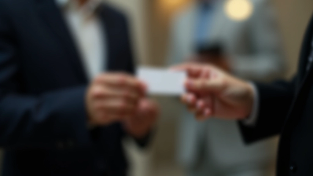 Close-up of hands holding a business card exchange between two professionals at a networking event