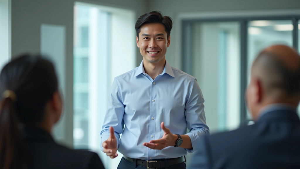 Person presenting in front of small group during a practice session in a meeting room