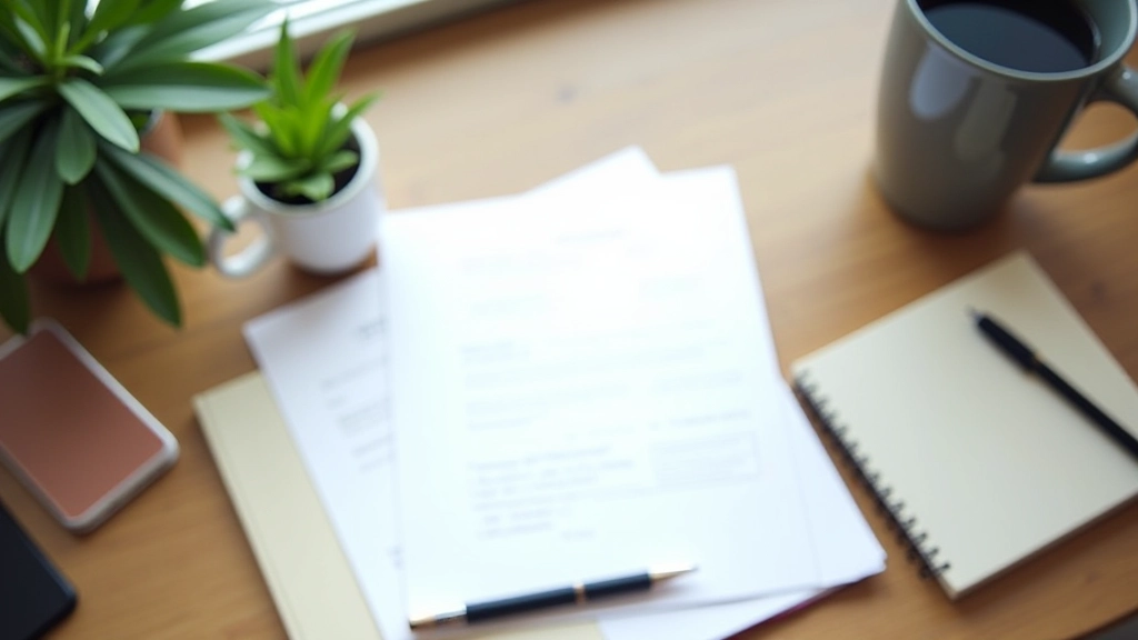 Professional notes and presentation materials organized on a clean desk with pen and coffee