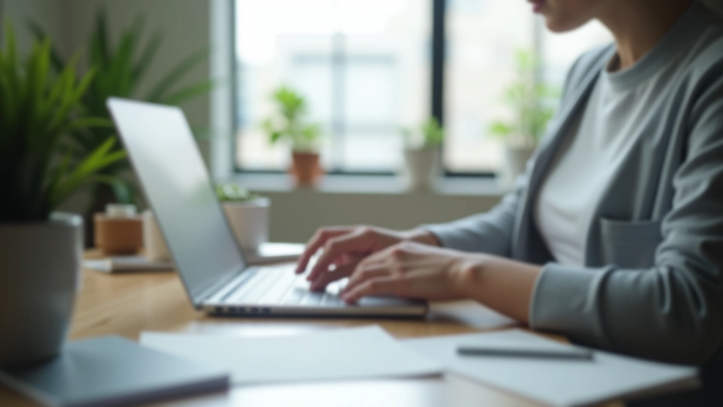 Person writing a message on laptop at a desk with coffee, natural light from window, organized workspace