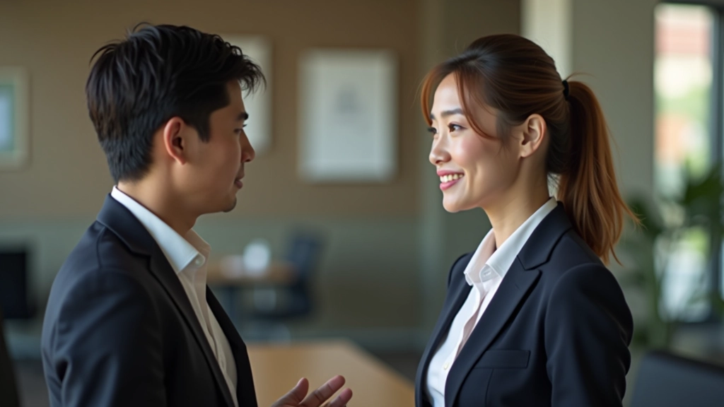 Two colleagues having a respectful conversation in a modern office with warm natural lighting