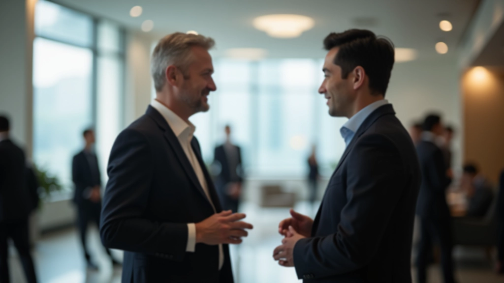 Two professionals engaged in conversation at a networking event, standing in a modern office lobby with natural light from windows