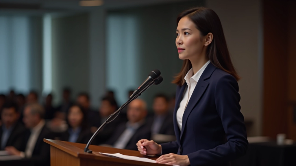 Woman standing confidently at a microphone in a modern conference room with an audience
