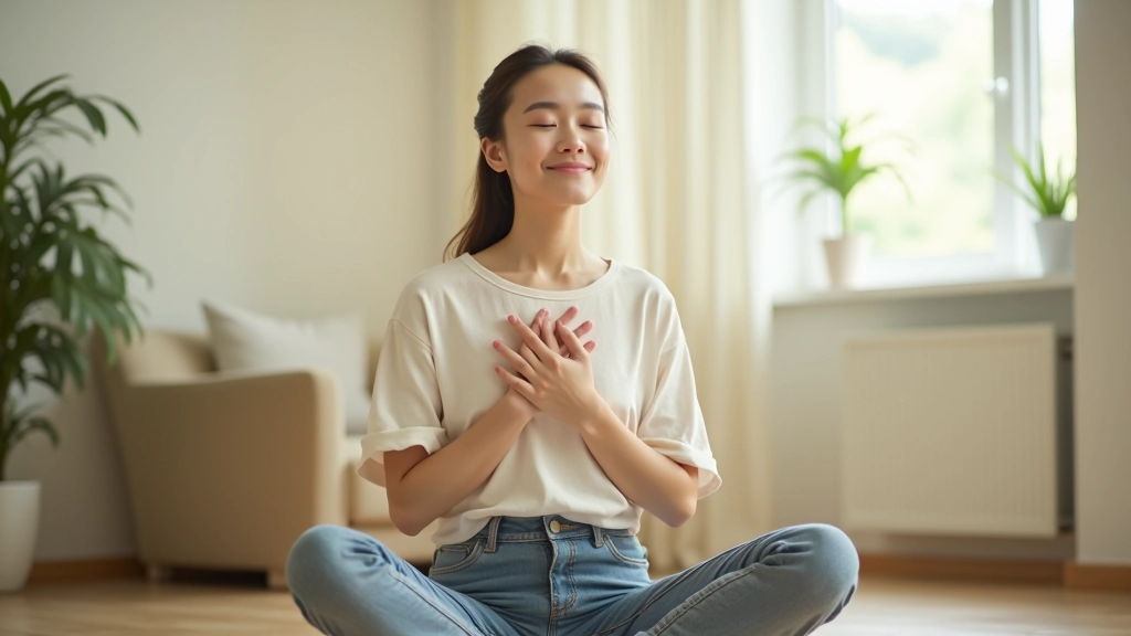 Person practicing breathing exercises in a calm, natural setting with soft natural lighting