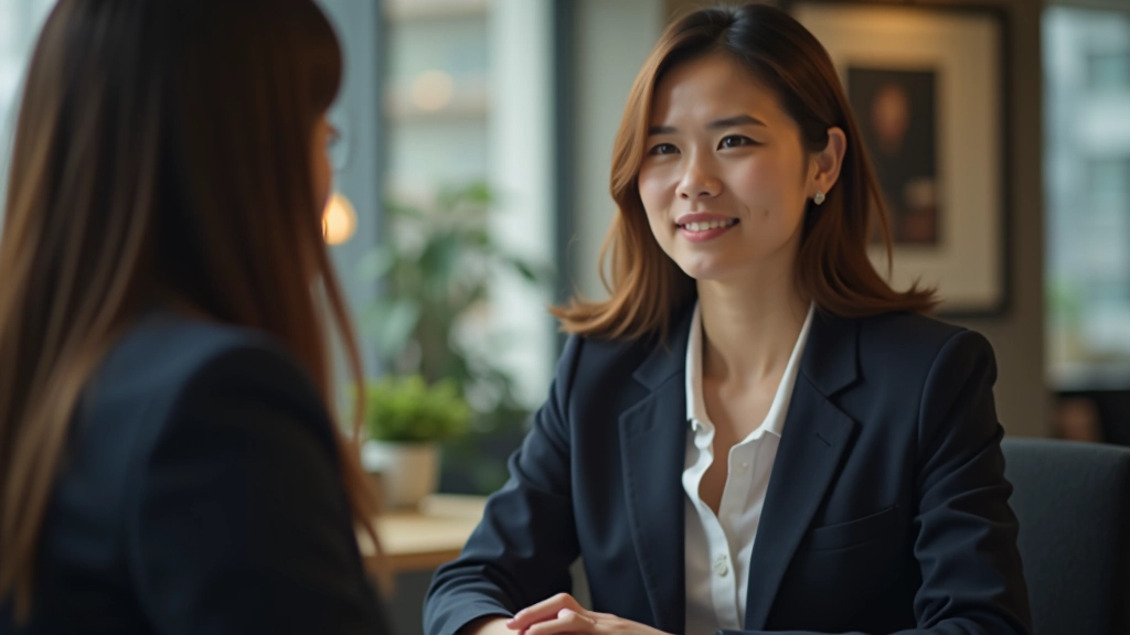 Professional woman in business setting engaged in a one-on-one conversation with a colleague, showing active listening and empathetic connection